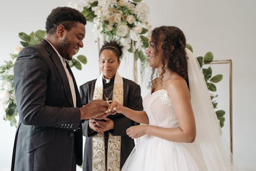 happy couple with wedding rings